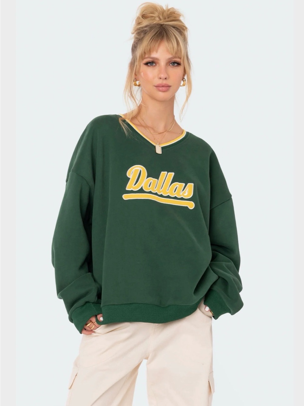 Edikted Green Pullover Vneck Sweatshirt with Yellow 'Dallas' Script in Large